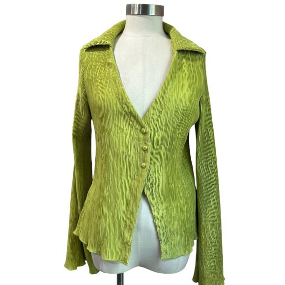 Y2K Inspired Lime Green Textured Button Top Long Sleeve Size XL - Picture 1 of 9